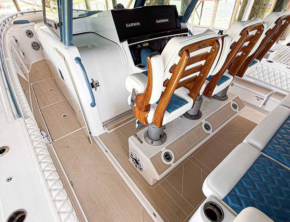 HCB 53 Boat with E-DEK PRO desert over white flooring installed
