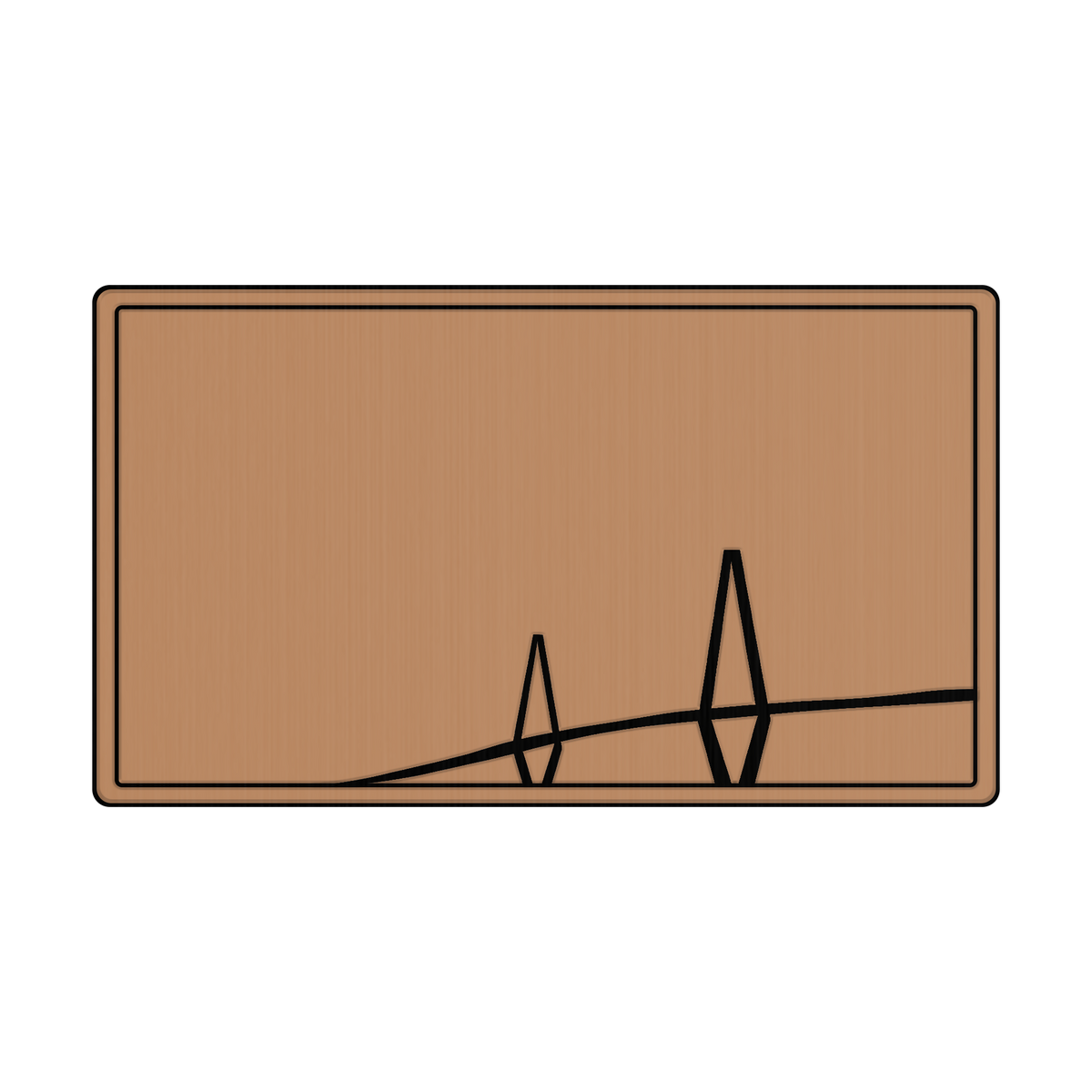 DEKit Cooler Pad. A rectangular tan-brown plaque or sign with rounded corners, featuring a minimalist black line drawing of two abstract shapes on a curved baseline near the bottom. The plaque is centered on a solid white background.