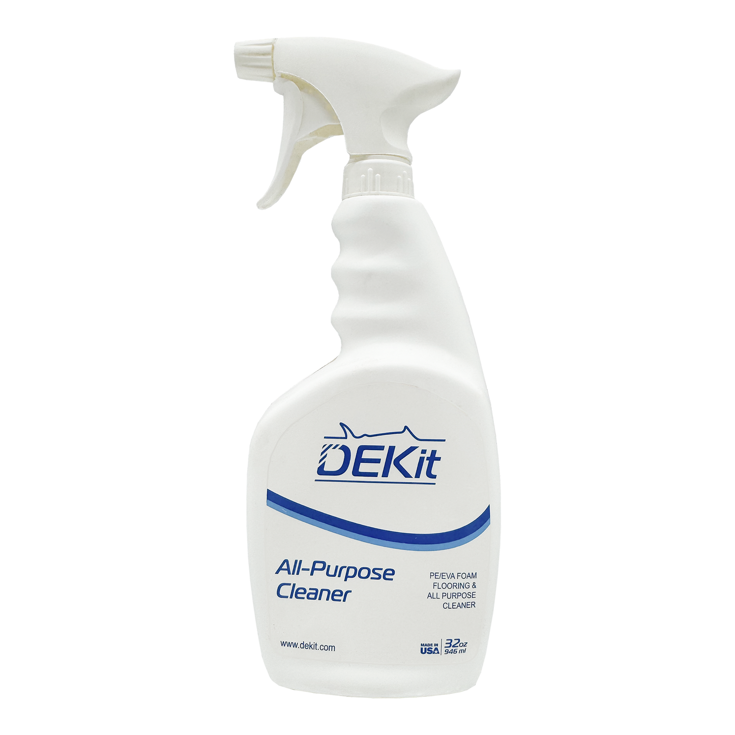 A white plastic spray bottle of DEKit All-Purpose Cleaner with a blue and white label, isolated on a white background. Designed specifically to clean EVA foam flooring and remove stains.