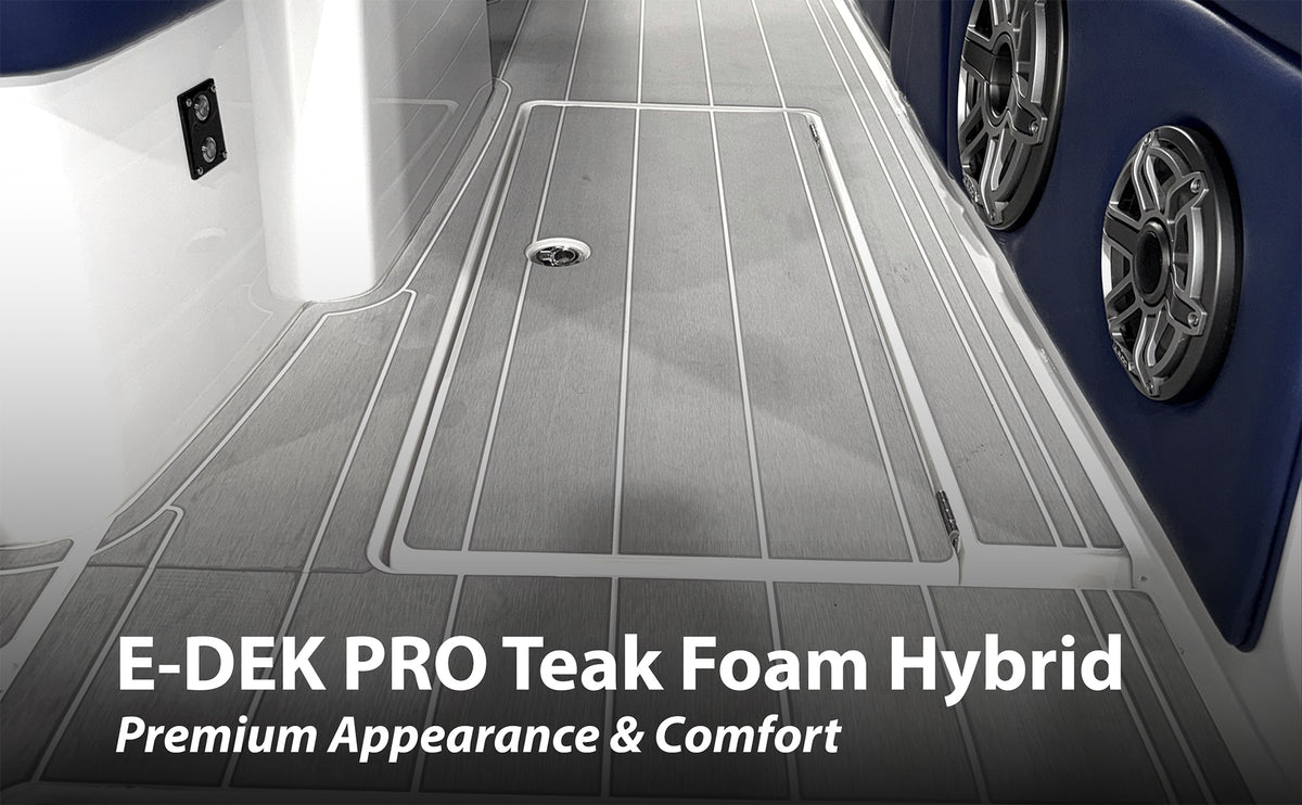 A close up photo of E-DEK PRO boat flooring with the text "E-DEK PRO Teak Foam Hybrid" header followed by "Premium Appearance & Comfort".