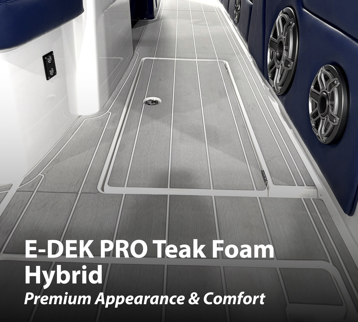 A close up photo of E-DEK PRO boat flooring with the text "E-DEK PRO Teak Foam Hybrid" header followed by "Premium Appearance & Comfort".