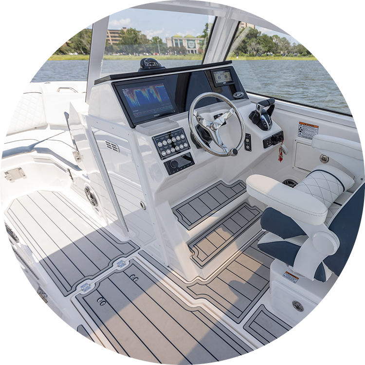 DEKit's anchor gray over black teak lines foam marine flooring product on a Sea Fox Traveler
