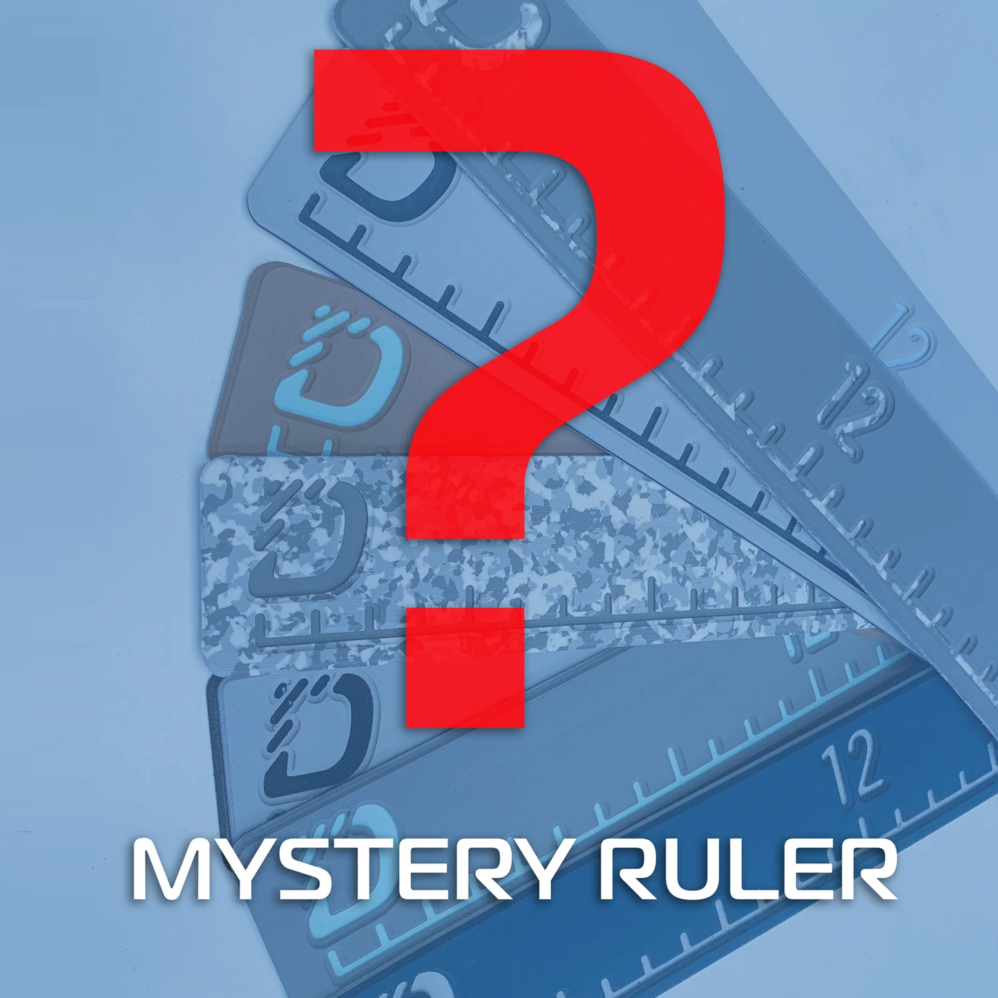 A promotional graphic for a 'Mystery Fishing Ruler' featuring several translucent plastic rulers in different colors (blue, gray, white) layered diagonally on a light blue background, overlaid with a large red question mark and the text 'MYSTERY RULER' in white.